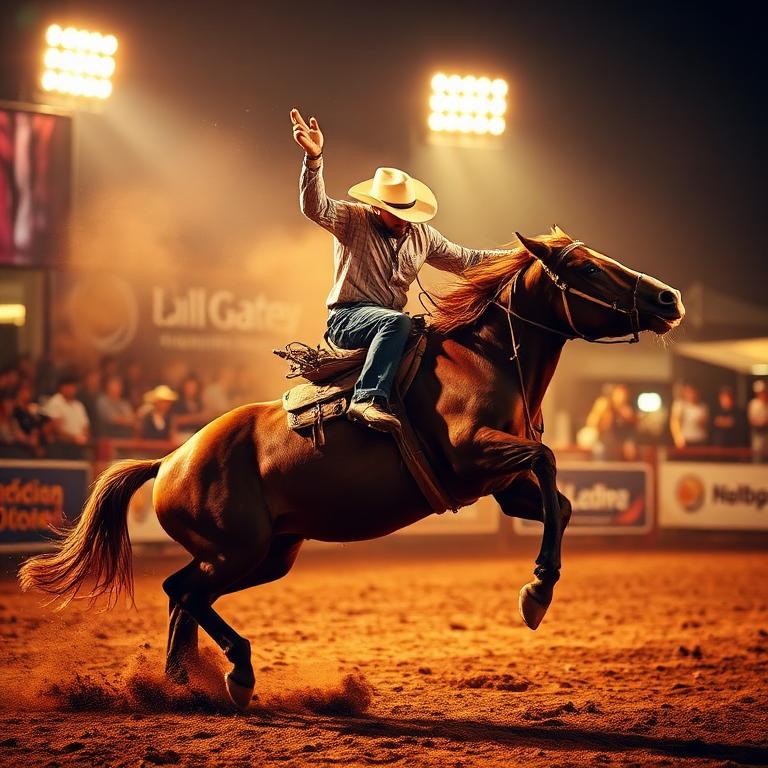 Rodeo cowboy riding a bucking horse under arena lights
