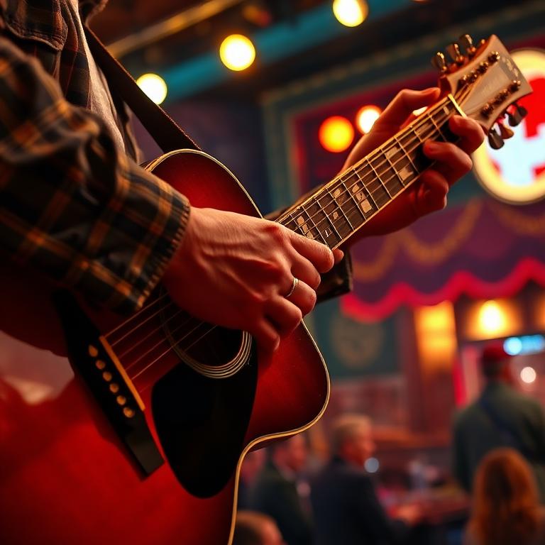 Musician playing acoustic guitar on a honky-tonk stage