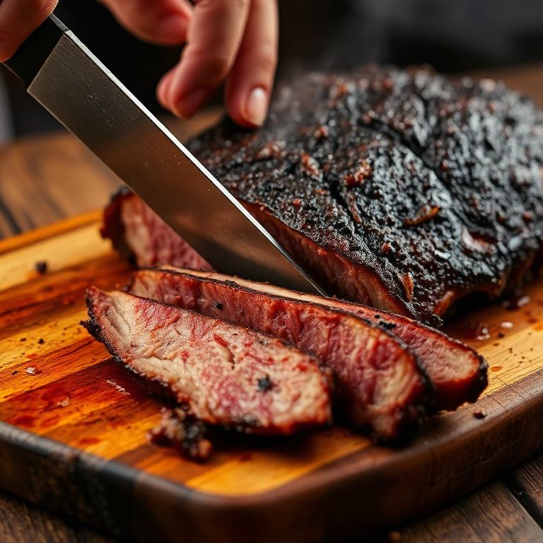Texas brisket being sliced on a wooden board