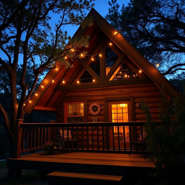 A-frame cabin glowing with string lights at dusk